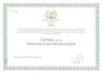Certifikát dôveryhodná firma Topmal s.r.o.