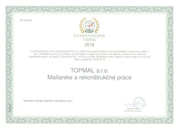 Certifikát dôveryhodná firma Topmal s.r.o.